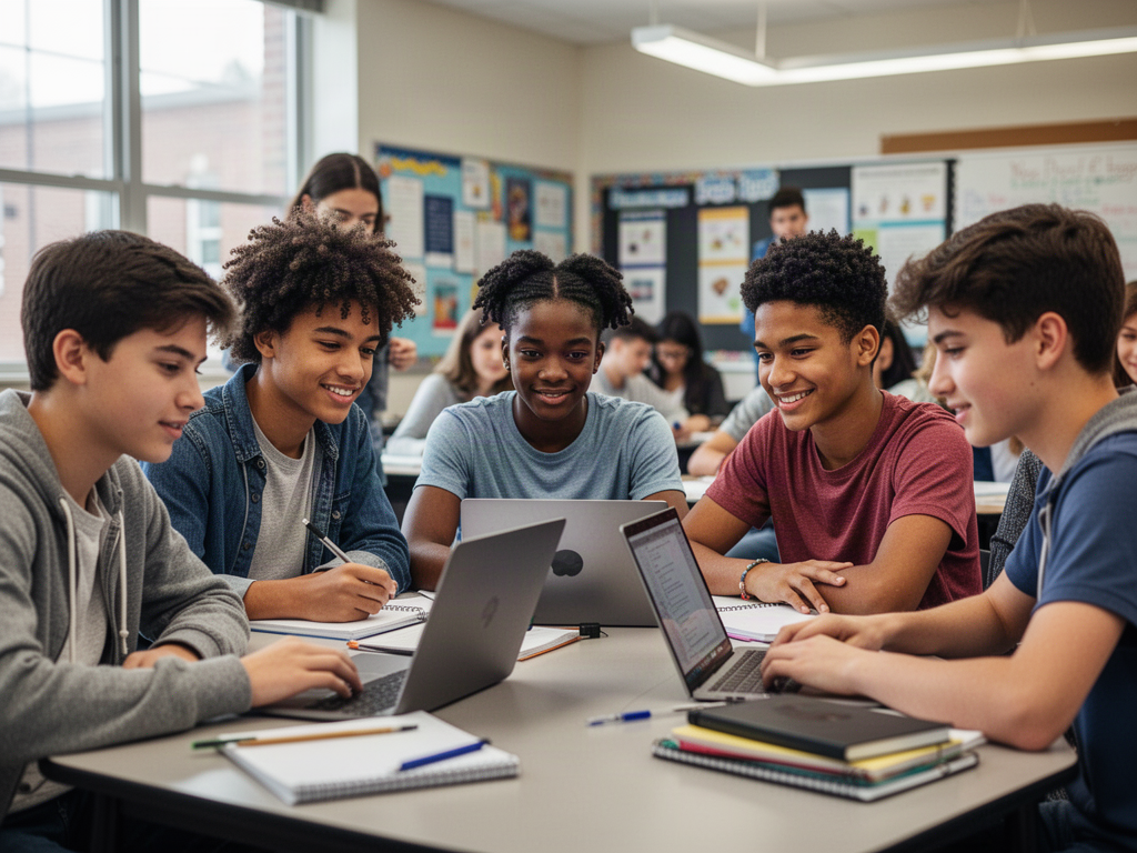 High school students using laptops together