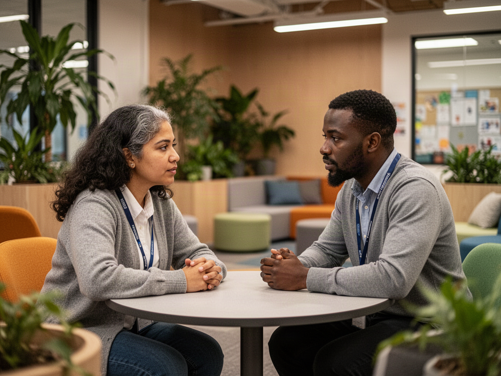 A Latina student and a Black mentor teacher talk one-on-one in a flexible learning space