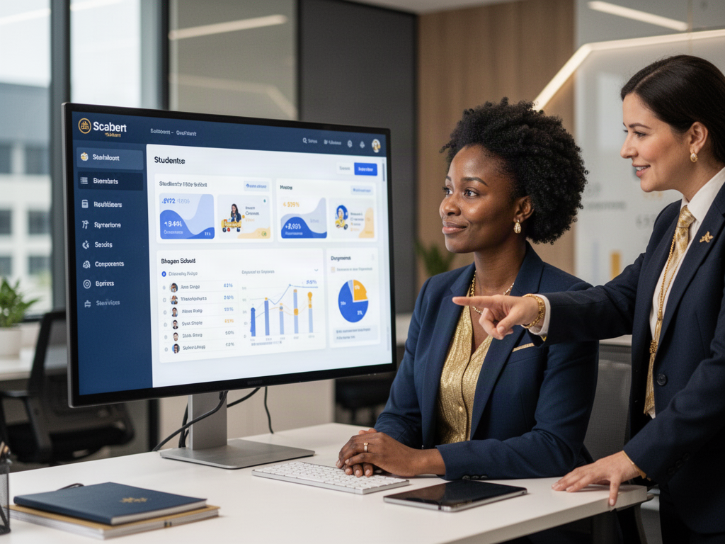 A Black school administrator reviews a student dashboard on a large monitor with a colleague