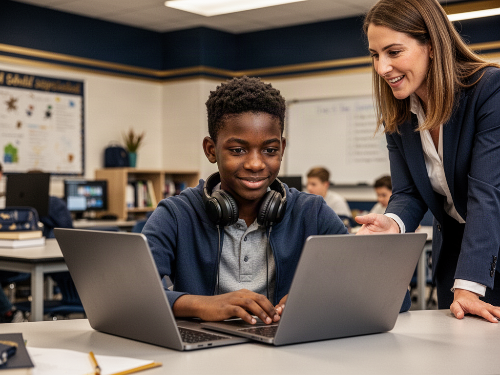 A focused Black teenager works on a laptop in a learning lab while a teacher offers encouragement
