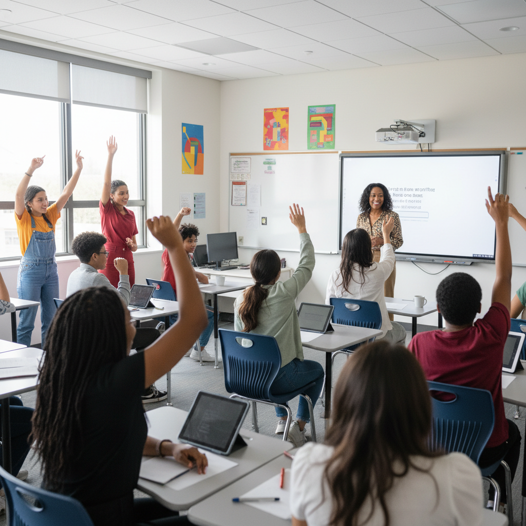 Students raise their hands and debate in a lively classroom led by a smiling Black teacher