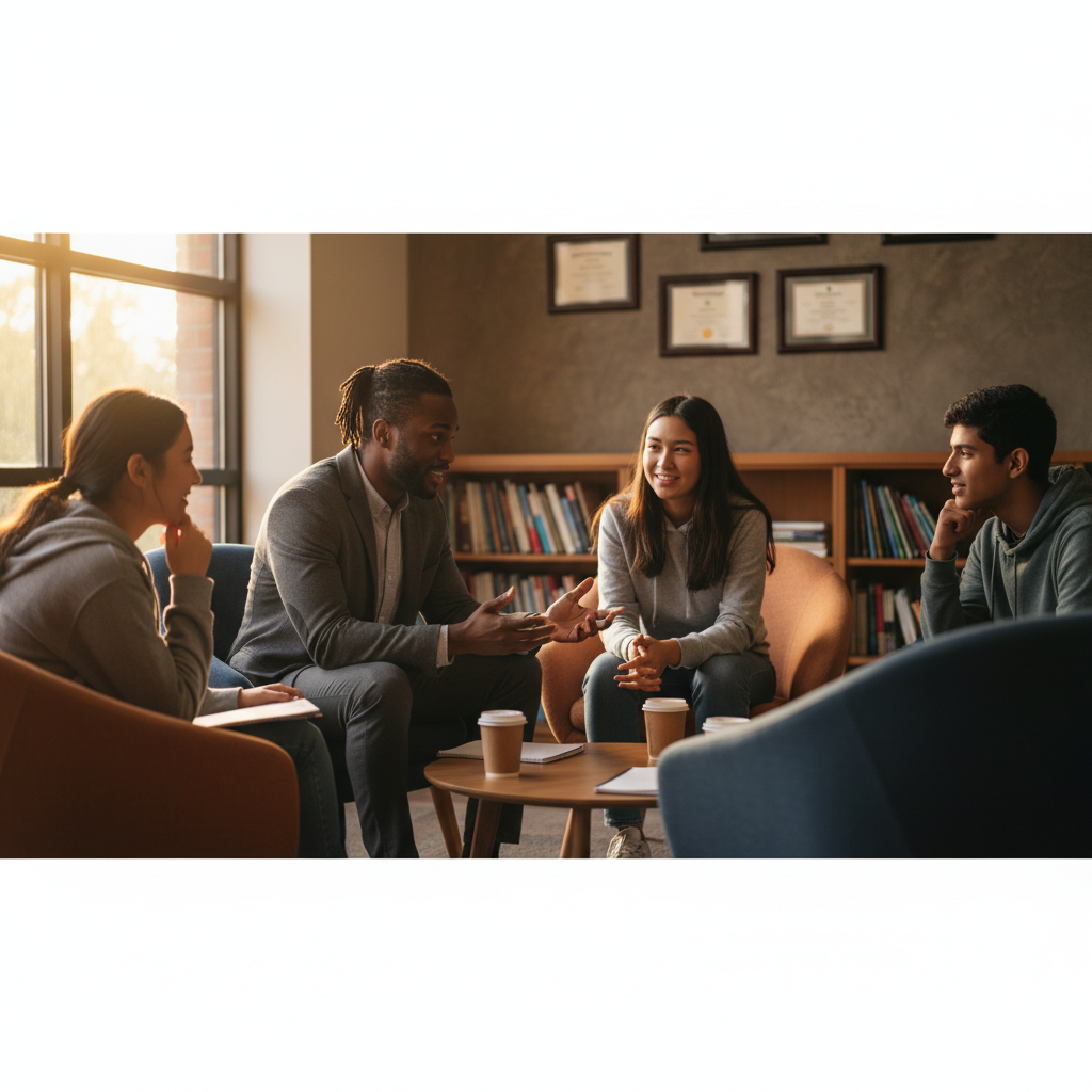 An advisor mentoring a small group of high school students