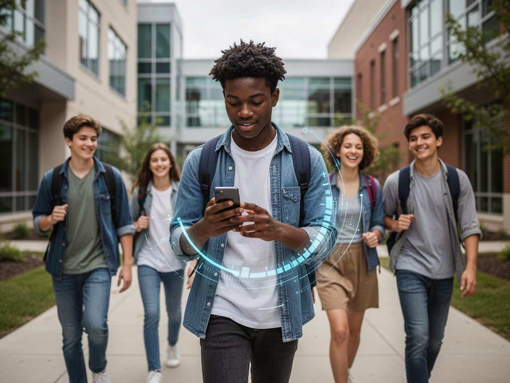 A Black student checks his progress on a phone while walking with friends across campus
