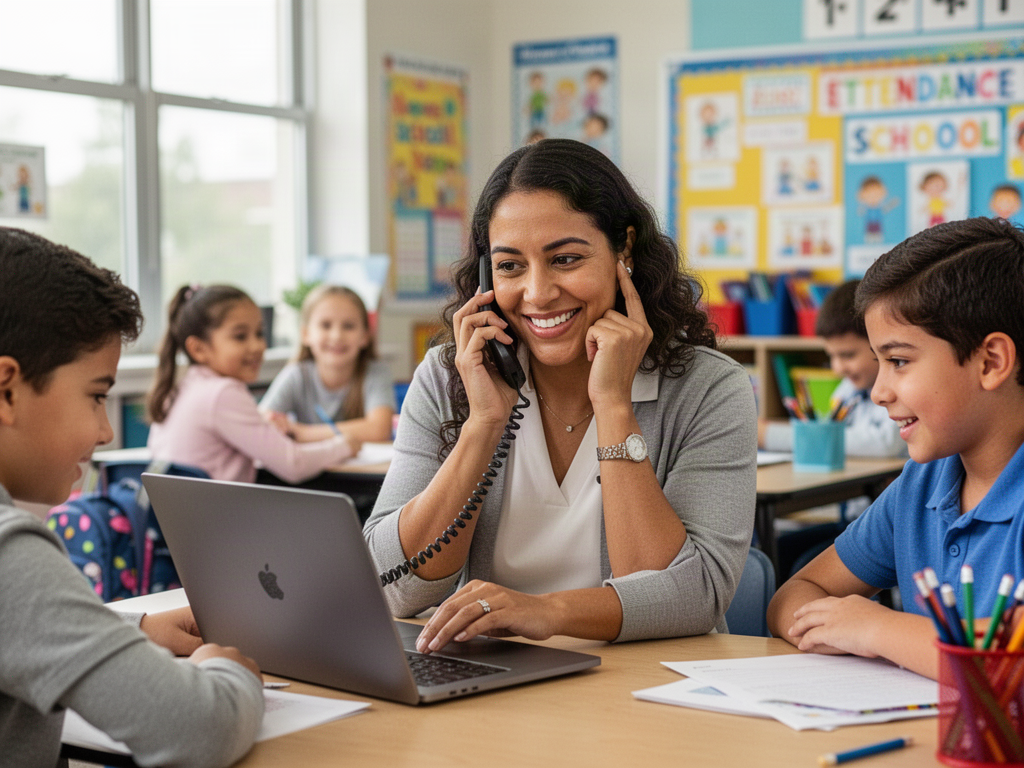 A Latina attendance coordinator makes a friendly call to a family while viewing a laptop