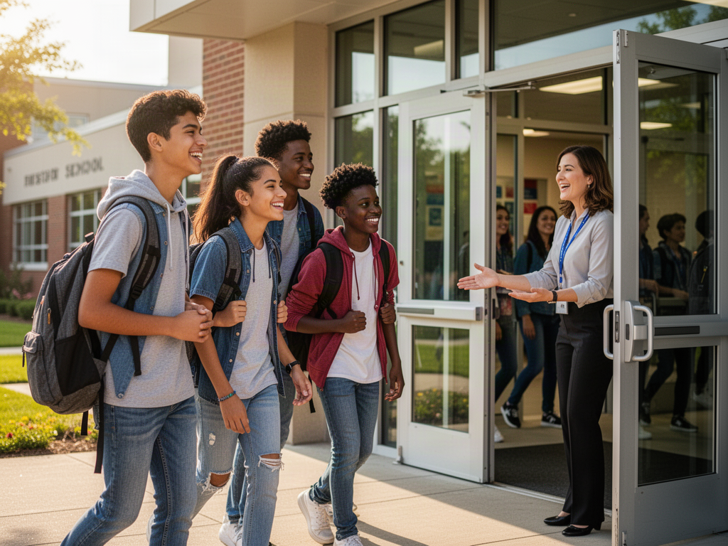 Smiling high school students arrive in the morning and are greeted by a staff member at the door