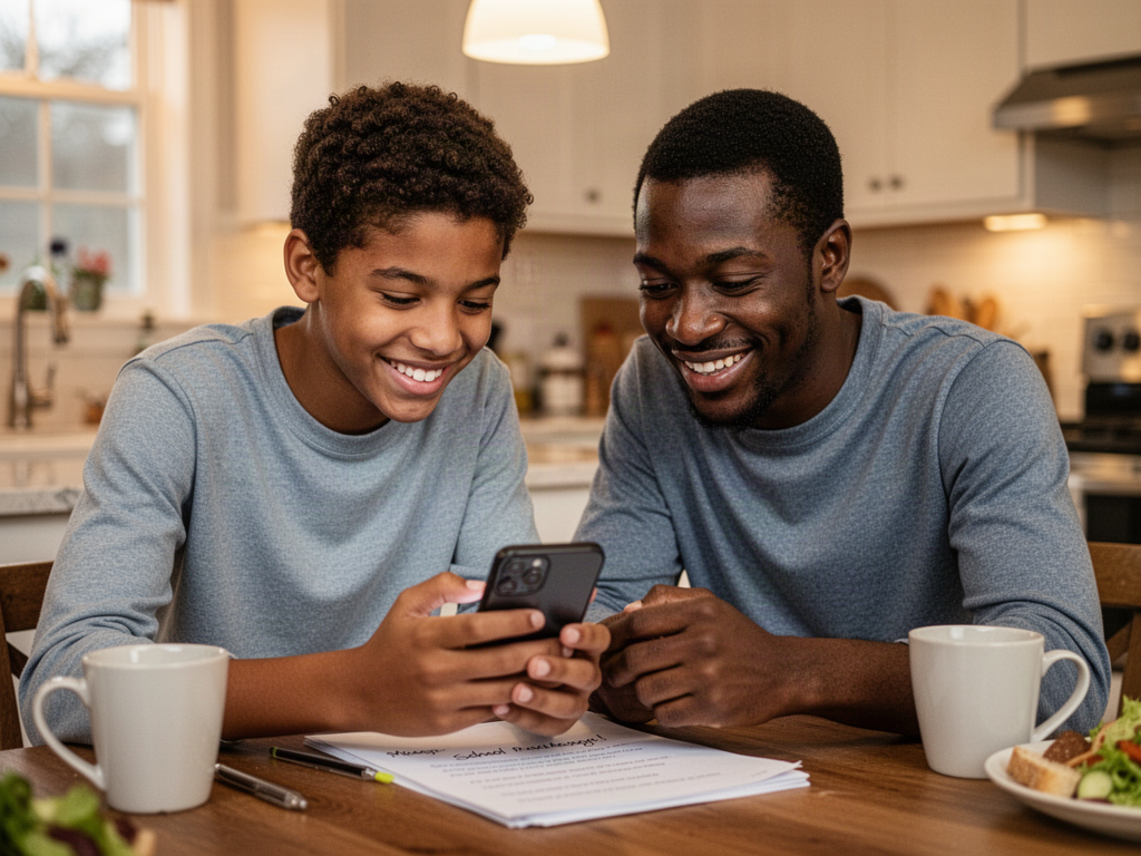A Black father and his teenage son read a school message together on a phone at home