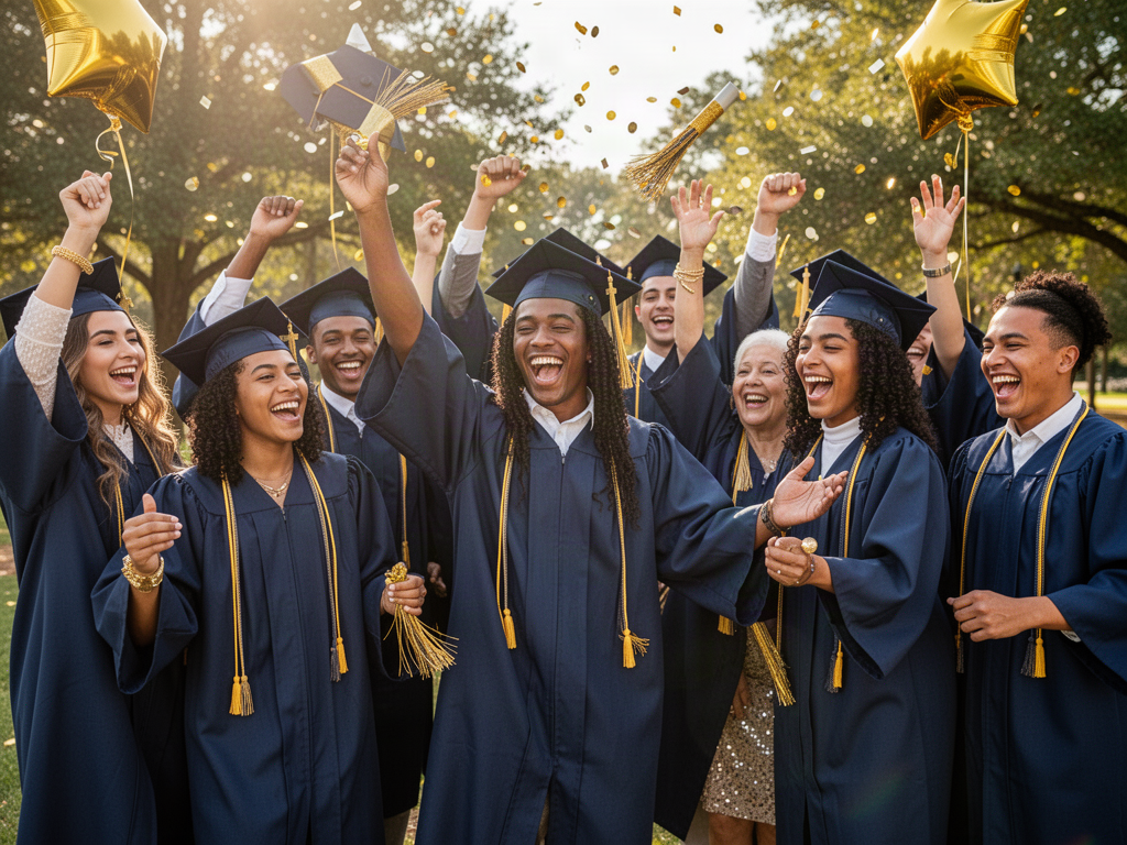 Graduating seniors in navy caps and gowns celebrate outdoors with their families