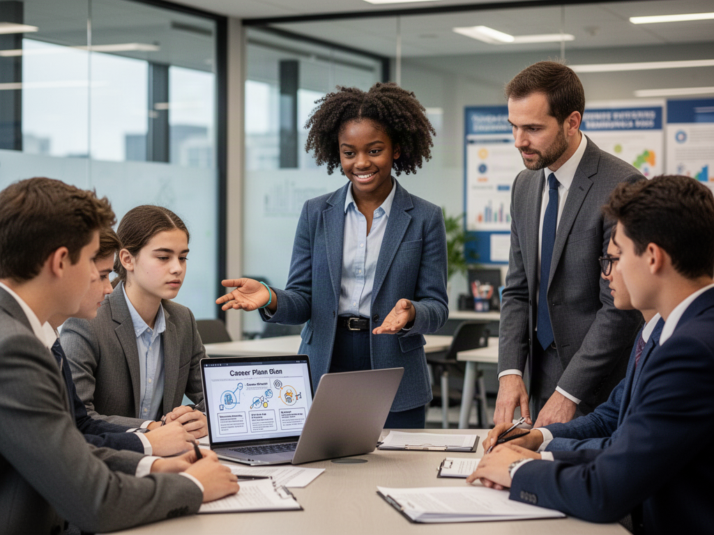 A confident Black teenager presents her career plan on a laptop to peers and a mentor
