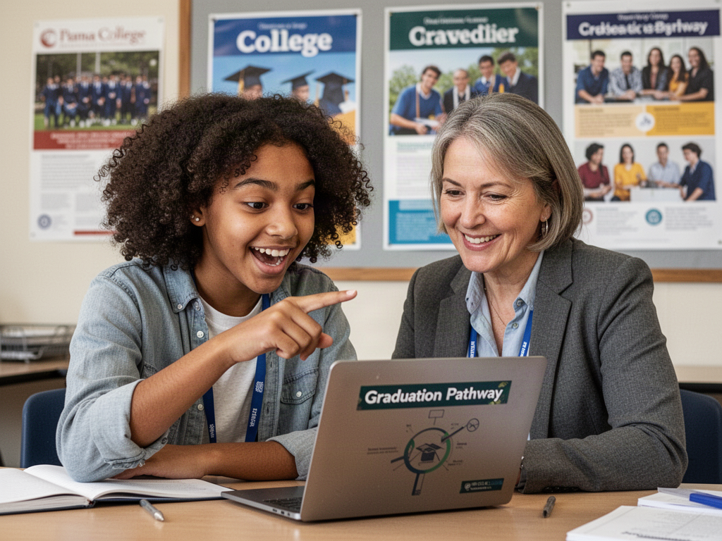 A student excitedly points to her graduation pathway on a laptop beside her counselor